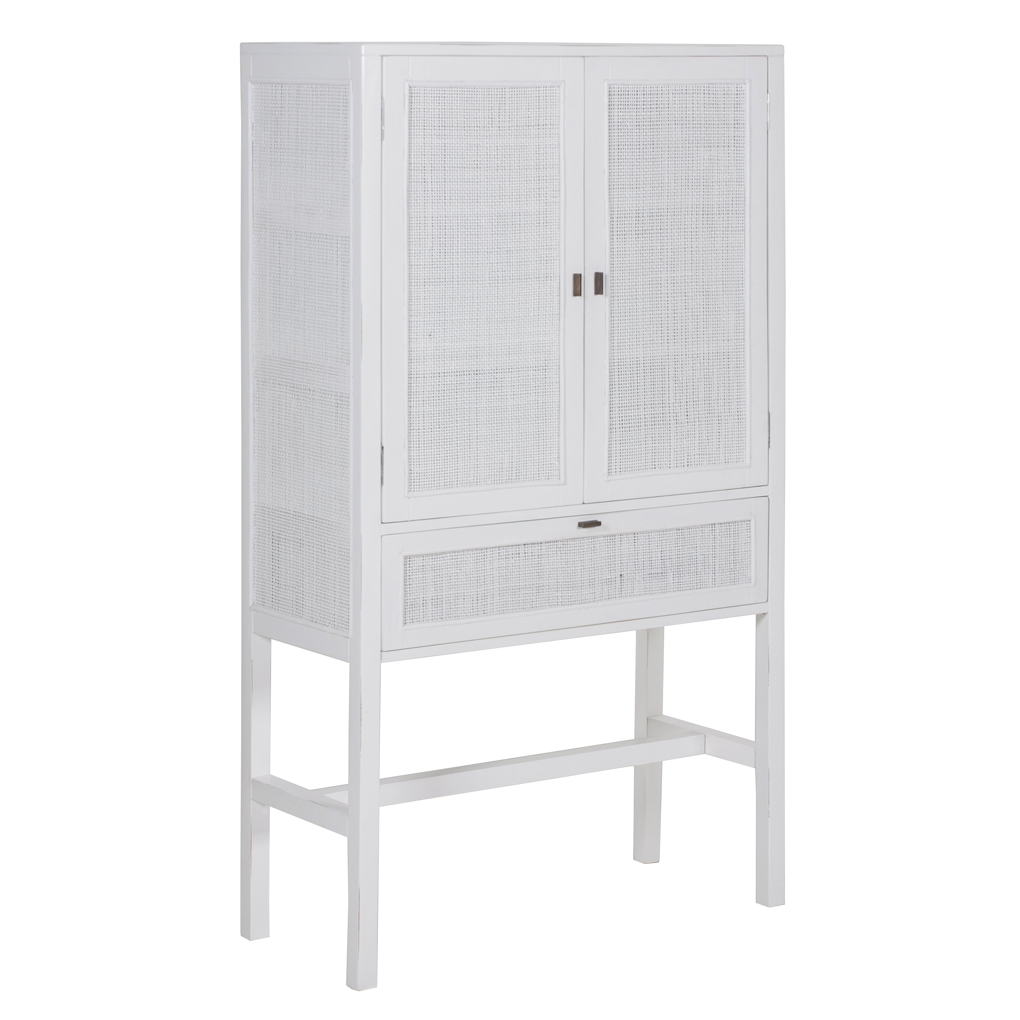 Jasmine Tall Storage Cabinet 90cm 2 Door 1 Drawer Mindi Wood Rattan - White Deals499
