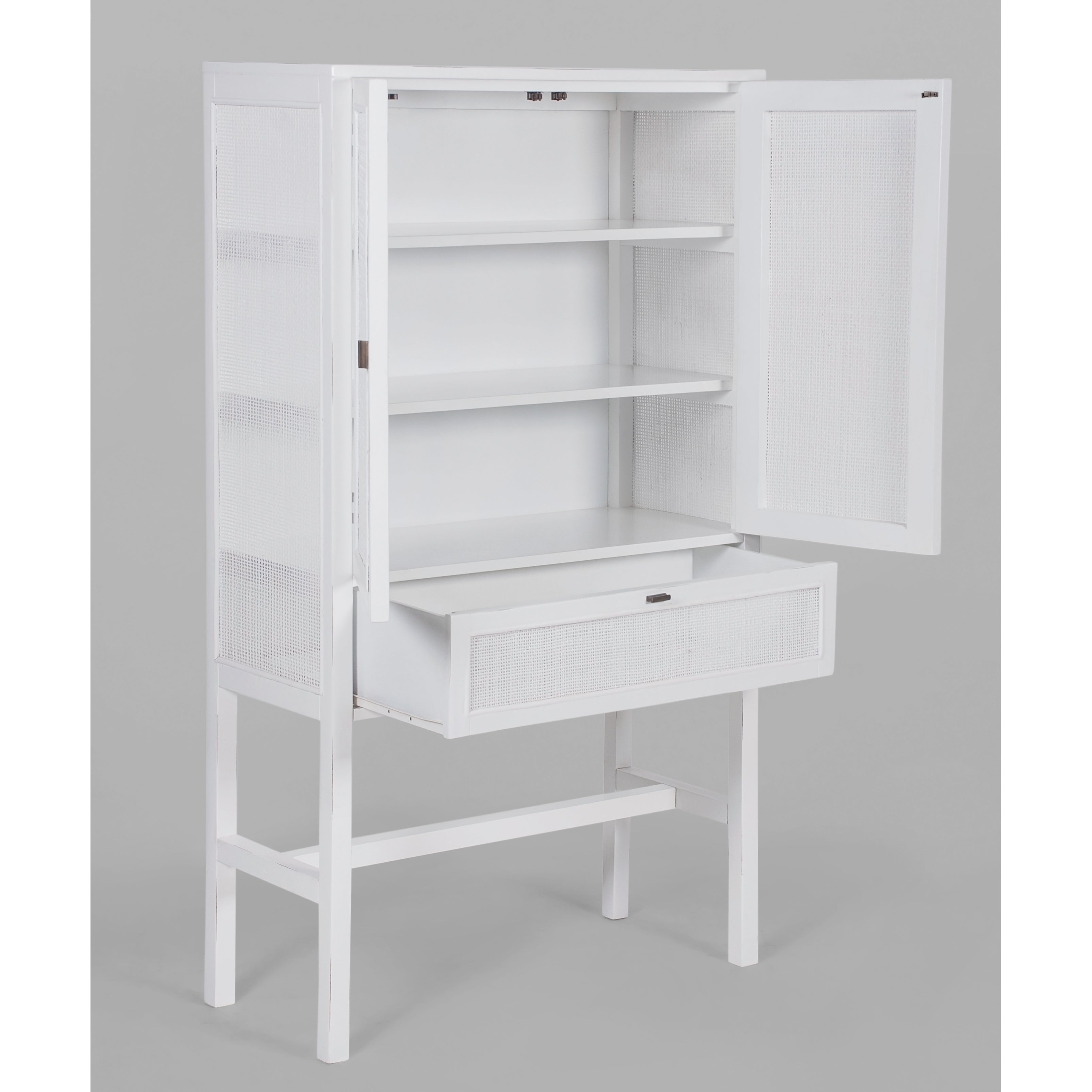 Jasmine Tall Storage Cabinet 90cm 2 Door 1 Drawer Mindi Wood Rattan - White Deals499
