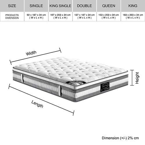 Mattress Euro Top King Single Size Pocket Spring Coil with Knitted Fabric Medium Firm 34cm Thick Deals499