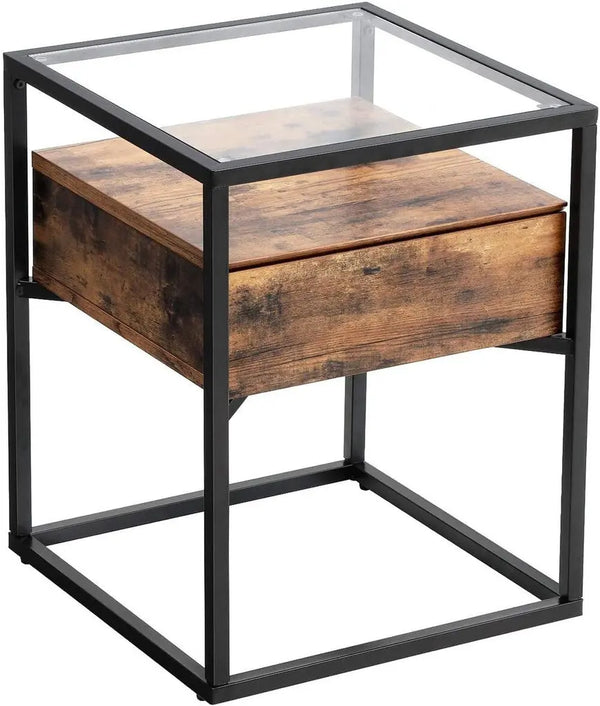 VASAGLE Side Table Tempered Glass End Table with Drawer and Shelf Rustic Brown and Black LET04BX Deals499