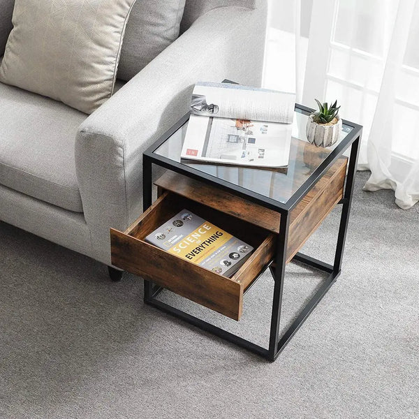 VASAGLE Side Table Tempered Glass End Table with Drawer and Shelf Rustic Brown and Black LET04BX Deals499