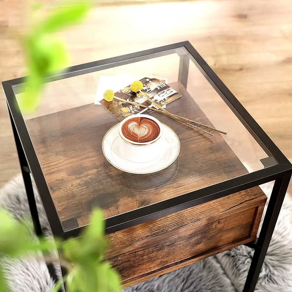 VASAGLE Side Table Tempered Glass End Table with Drawer and Shelf Rustic Brown and Black LET04BX Deals499