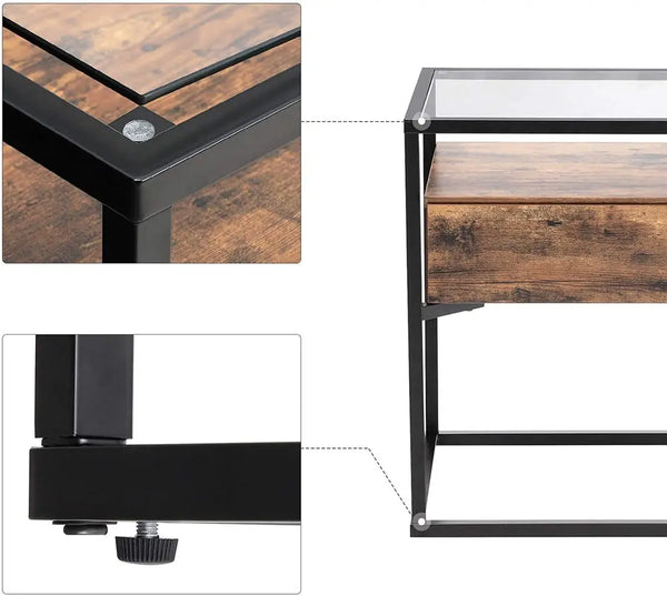 VASAGLE Side Table Tempered Glass End Table with Drawer and Shelf Rustic Brown and Black LET04BX Deals499
