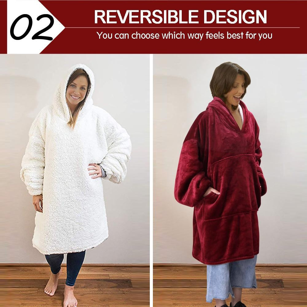 2 Pcs DreamZ Plush Fleece Sherpa Hoodie Sweatshirt Huggle Blanket Pajamas Red DreamZ