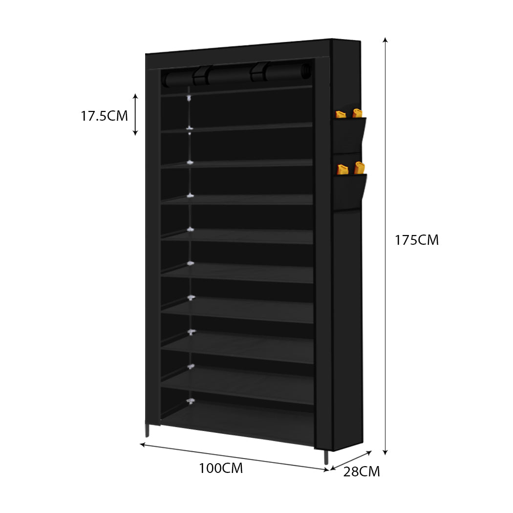 Levede 10 Tier Shoe Rack Portable Storage Cabinet Organiser Wardrobe Black Cover Deals499