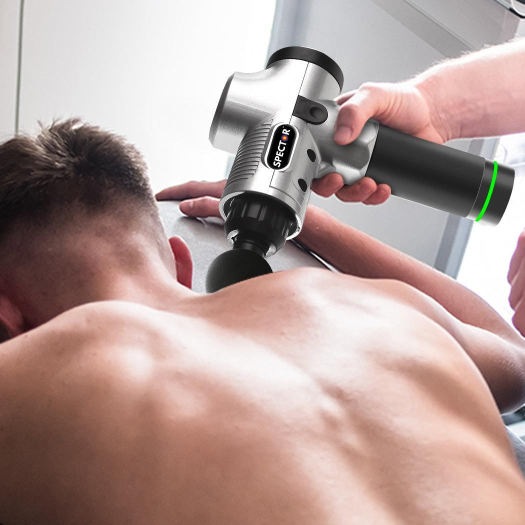Massage Gun Electric Massager Vibration Muscle Therapy 4 Heads Percussion Silver Deals499