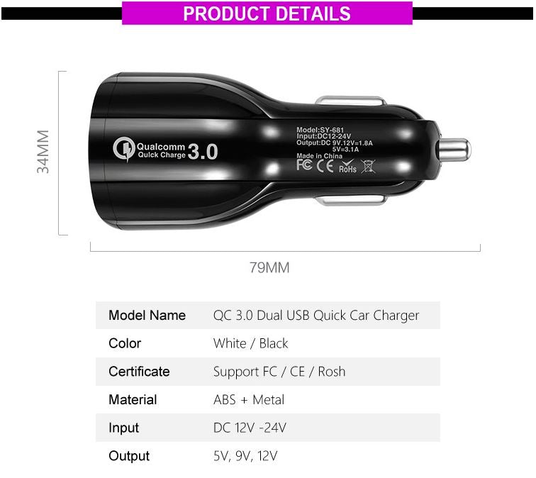 Cedrix Super-fast Charging PD QC3.0 Portable Smart Dual USB Mobile Car Charger Adapter Deals499