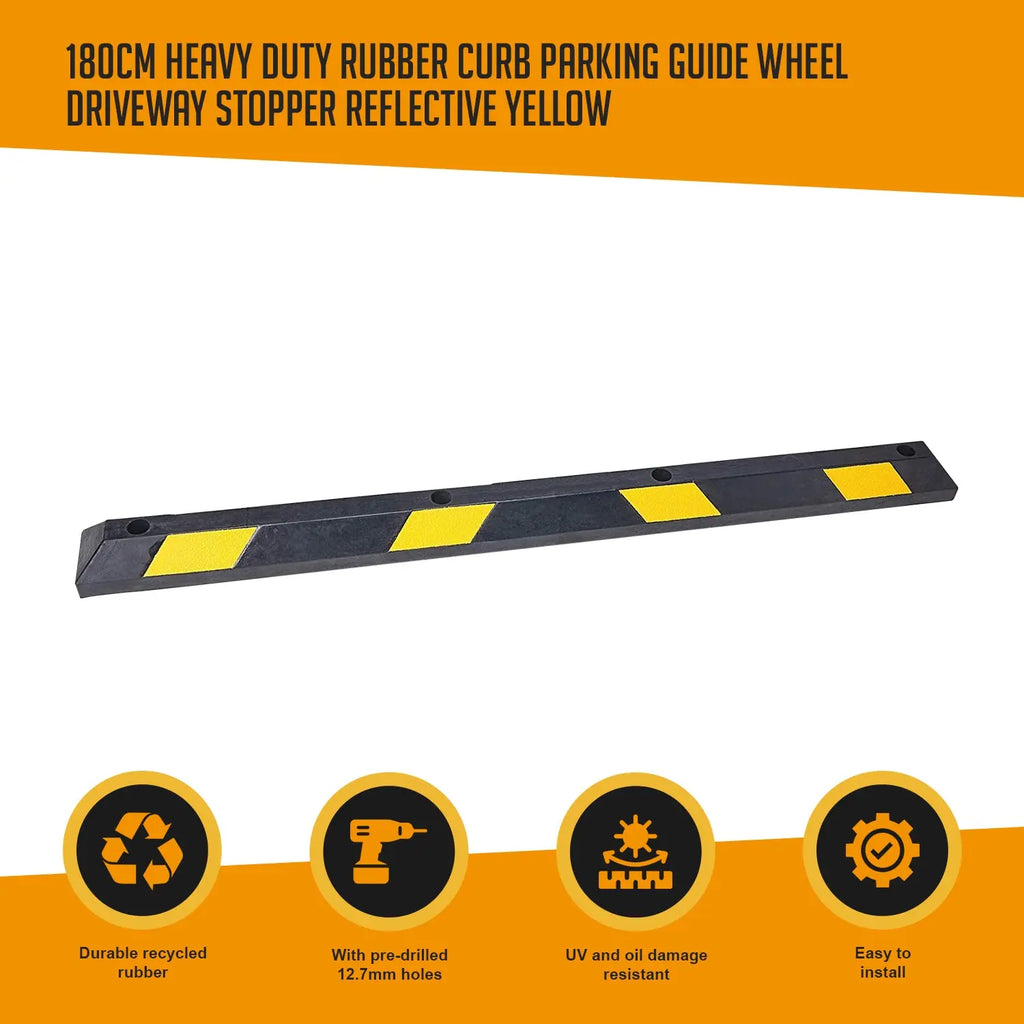 180cm Heavy Duty Rubber Curb Parking Guide Wheel Driveway Stopper Reflective Yellow Deals499