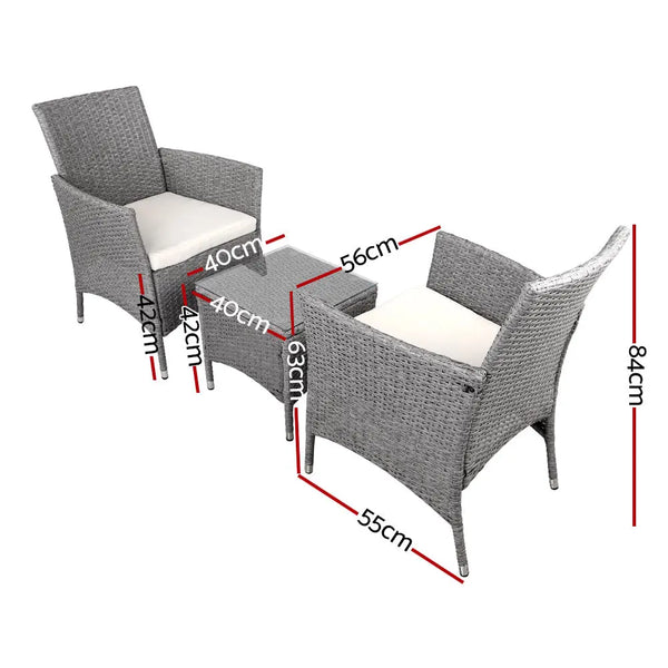 3 Piece Wicker Outdoor Chair Side Table Furniture Set - Grey Deals499