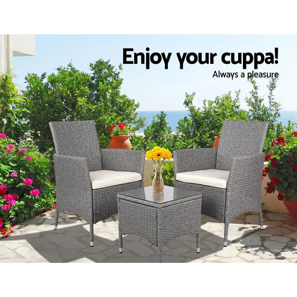 3 Piece Wicker Outdoor Chair Side Table Furniture Set - Grey Deals499