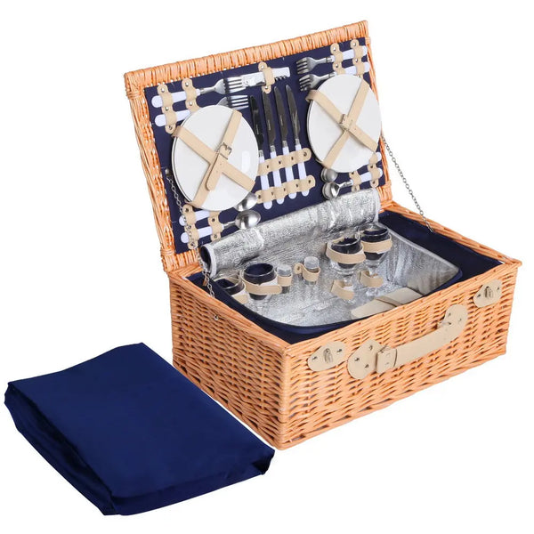 Alfresco 4 Person Picnic Basket Wicker Set Baskets Outdoor Insulated Blanket Navy Deals499