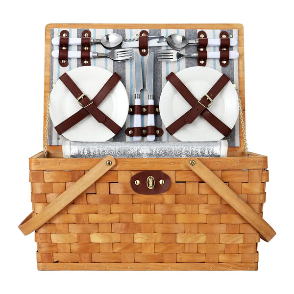 Alfresco Picnic Basket Set Wooden Cooler Bag 4 Person Outdoor Insulated Liquor Deals499