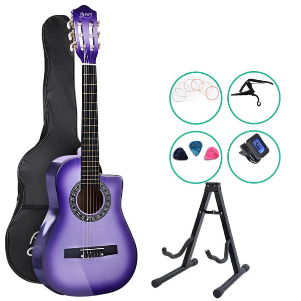 Alpha 34" Inch Guitar Classical Acoustic Cutaway Wooden Ideal Kids Gift Children 1/2 Size Purple with Capo Tuner Deals499