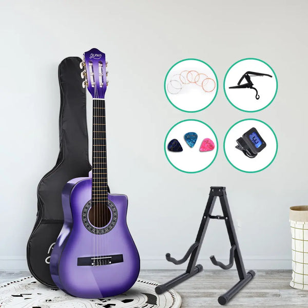Alpha 34" Inch Guitar Classical Acoustic Cutaway Wooden Ideal Kids Gift Children 1/2 Size Purple with Capo Tuner Deals499