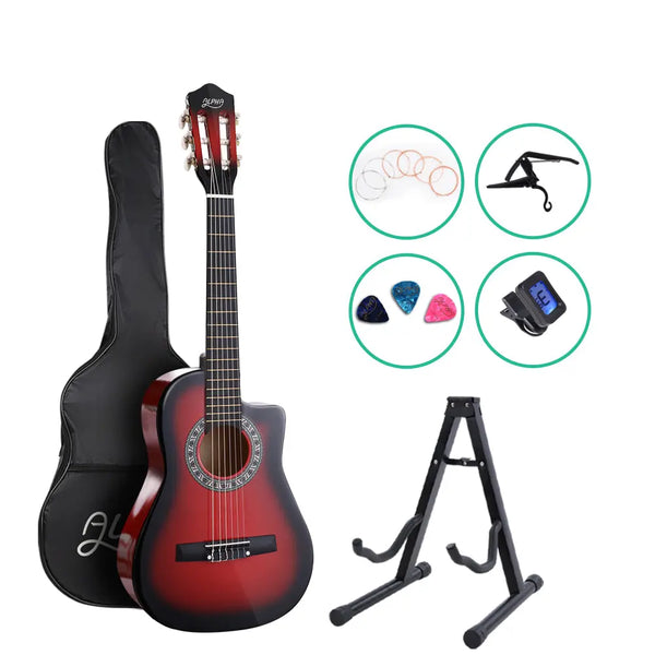 Alpha 34" Inch Guitar Classical Acoustic Cutaway Wooden Ideal Kids Gift Children 1/2 Size Red with Capo Tuner Deals499