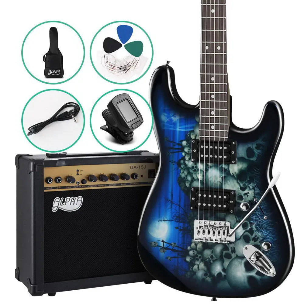 Alpha Electric Guitar And AMP Music String Instrument Rock Blue Carry Bag Steel String Deals499