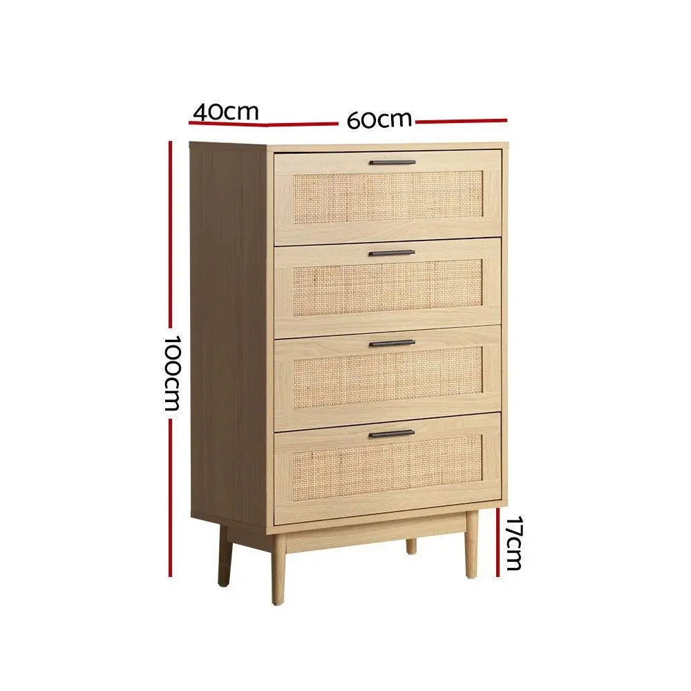 Artiss 4 Chest of Drawers Rattan Tallboy Cabinet Bedroom Clothes Storage Wood Deals499