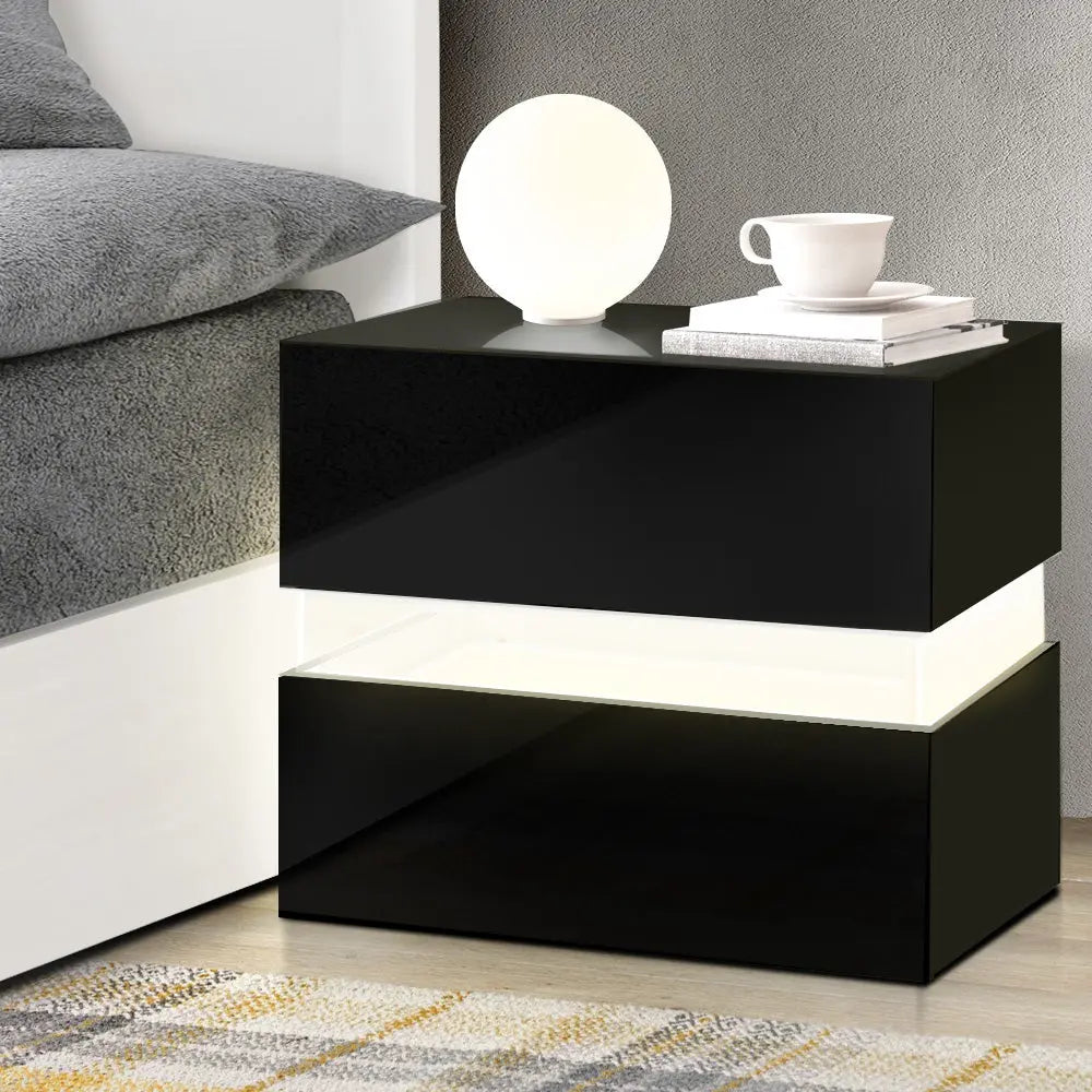 Artiss Bedside Table 2 Drawers RGB LED Side Nightstand High Gloss Cabinet Black Deals499