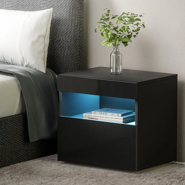 Artiss Bedside Tables Drawers Side Table RGB LED High Gloss Nightstand Black Deals499