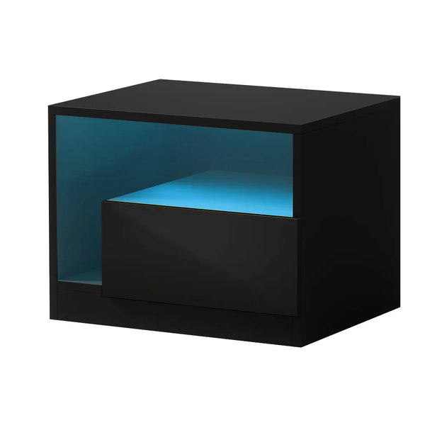 Artiss Bedside Tables Side Table RGB LED Drawers High Gloss Nightstand Black Deals499