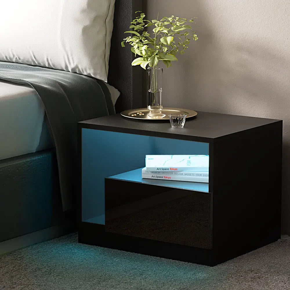 Artiss Bedside Tables Side Table RGB LED Drawers High Gloss Nightstand Black Deals499