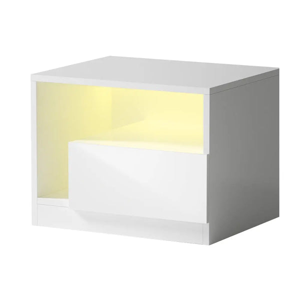 Artiss Bedside Tables Side Table RGB LED Drawers High Gloss Nightstand White Deals499
