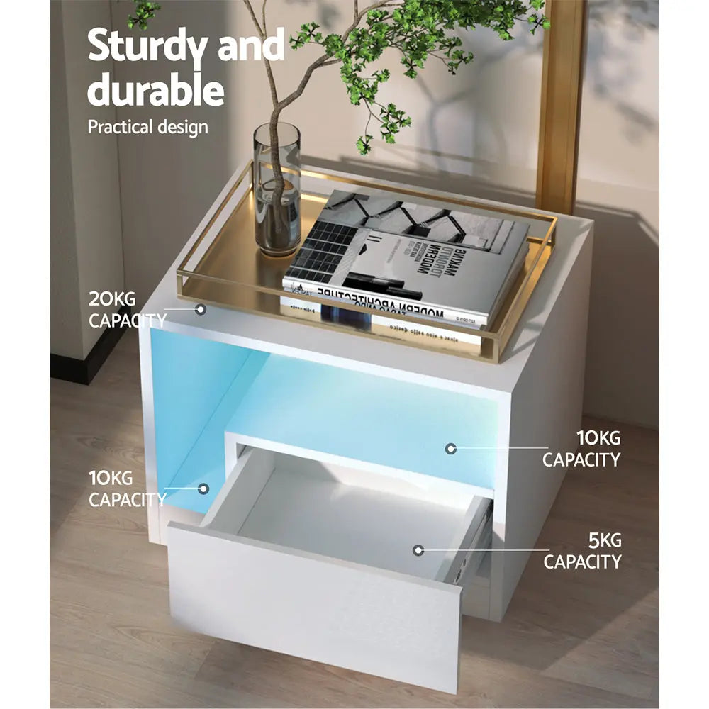 Artiss Bedside Tables Side Table RGB LED Drawers High Gloss Nightstand White Deals499
