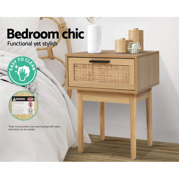Artiss Bedside Tables Table 1 Drawer Storage Cabinet Rattan Wood Nightstand Deals499