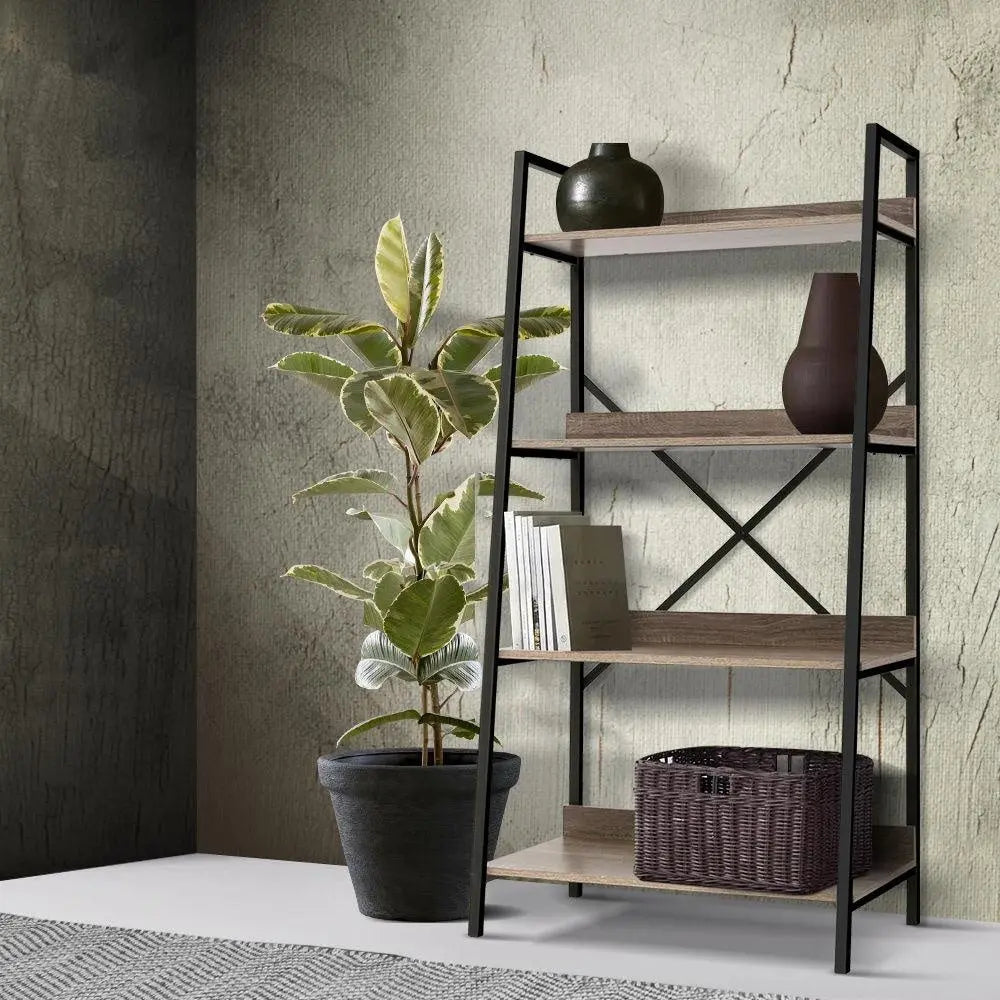 Artiss Bookshelf 4Tier Metal Bookcase Bookshelves Oak Book Shelf Display Storage Deals499