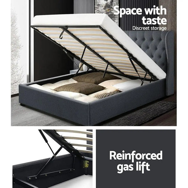 Artiss Issa Bed Frame Fabric Gas Lift Storage - Charcoal Queen Deals499
