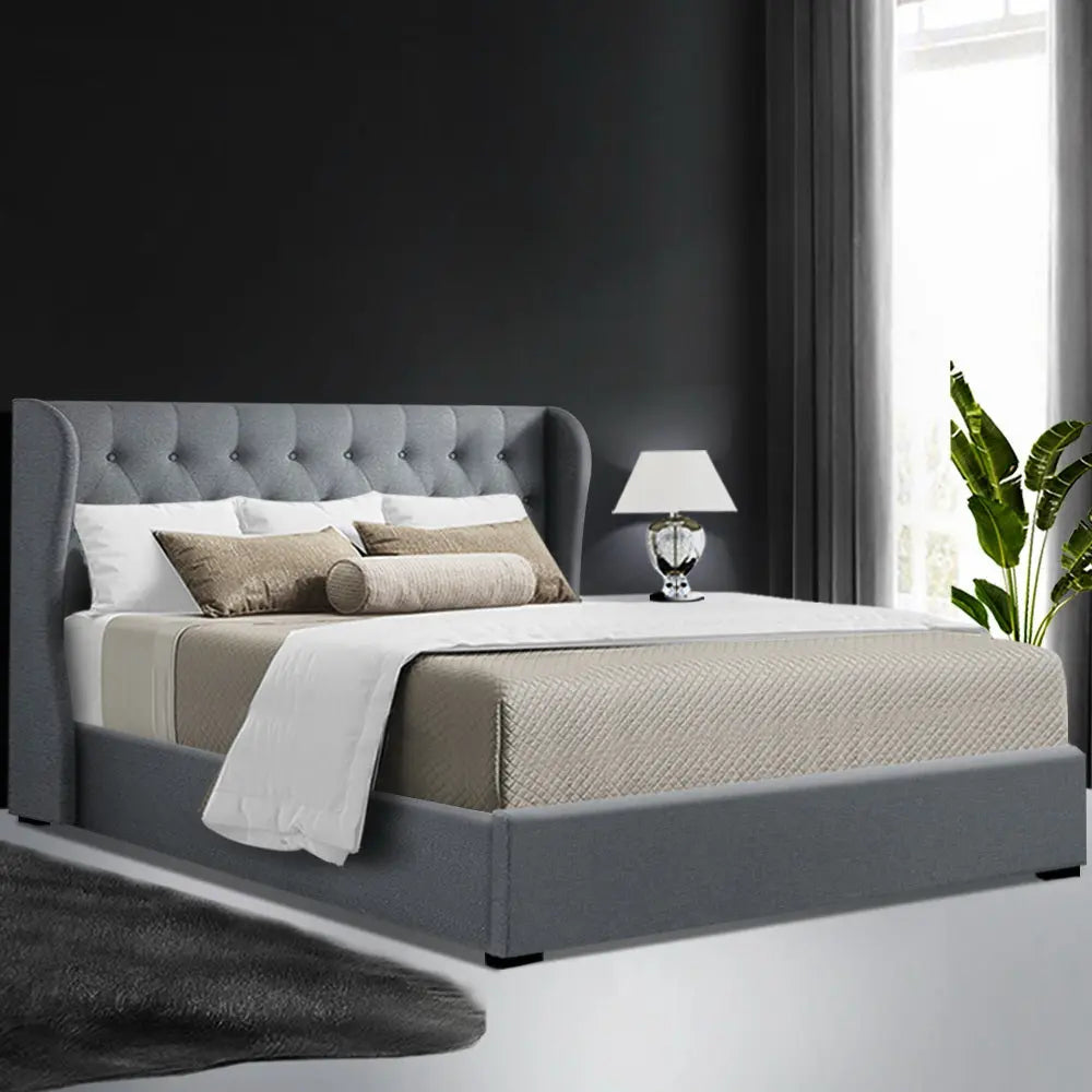 Artiss Issa Bed Frame Fabric Gas Lift Storage - Grey Queen Deals499