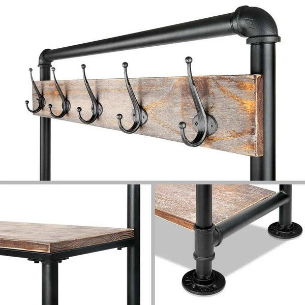 Artiss Rustic Hook Coat Shoe Rack Hanger Stand Clothes Vintage Wooden Pipe Shelf Deals499