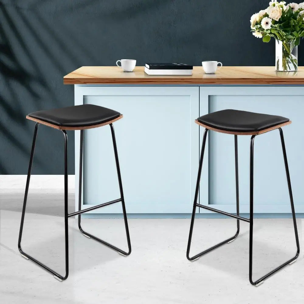 Artiss Set of 2 Backless PU Leather Bar Stools - Black and Wood Deals499