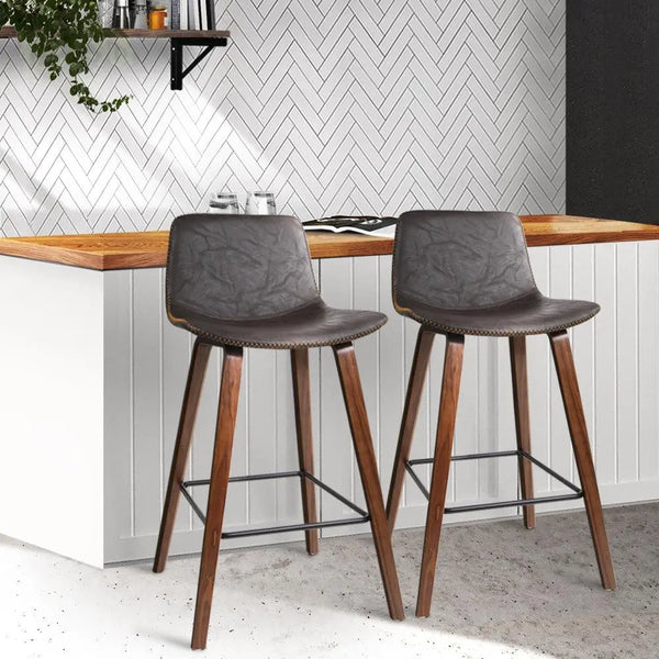 Artiss Set of 2 PU Leather Bar Stools Square Footrest - Wood and Brown Deals499