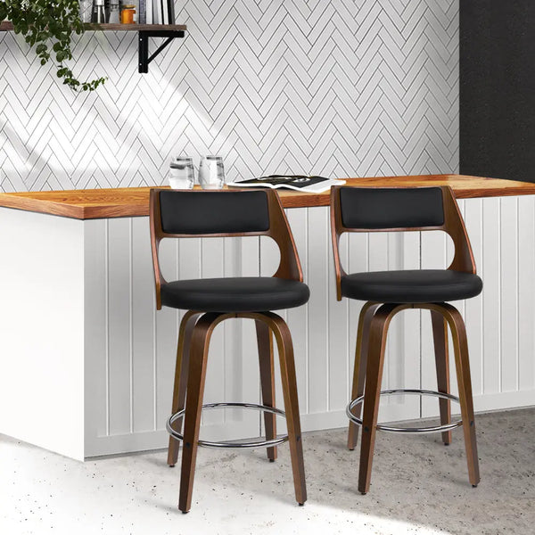 Artiss Set of 2 Wooden Bar Stools PU Leather - Black and Wood Deals499