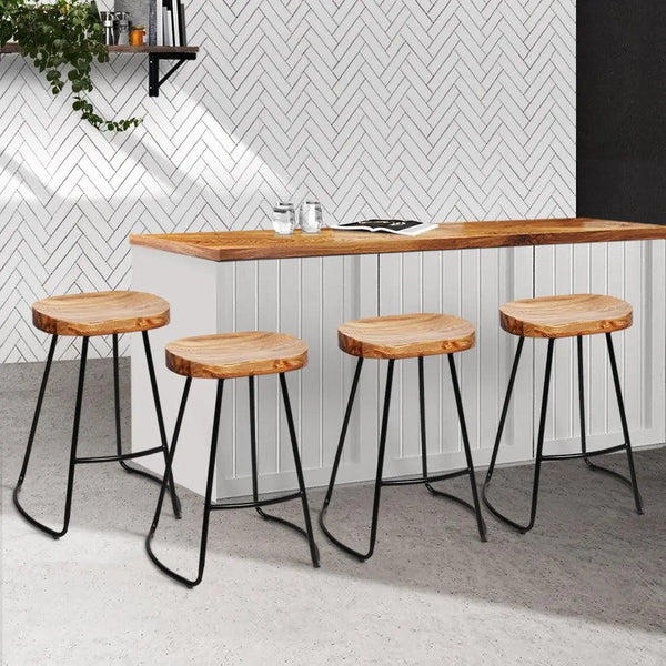 Artiss Set of 4 Elm Wood Backless Bar Stools 65cm - Black and Light Natural Deals499