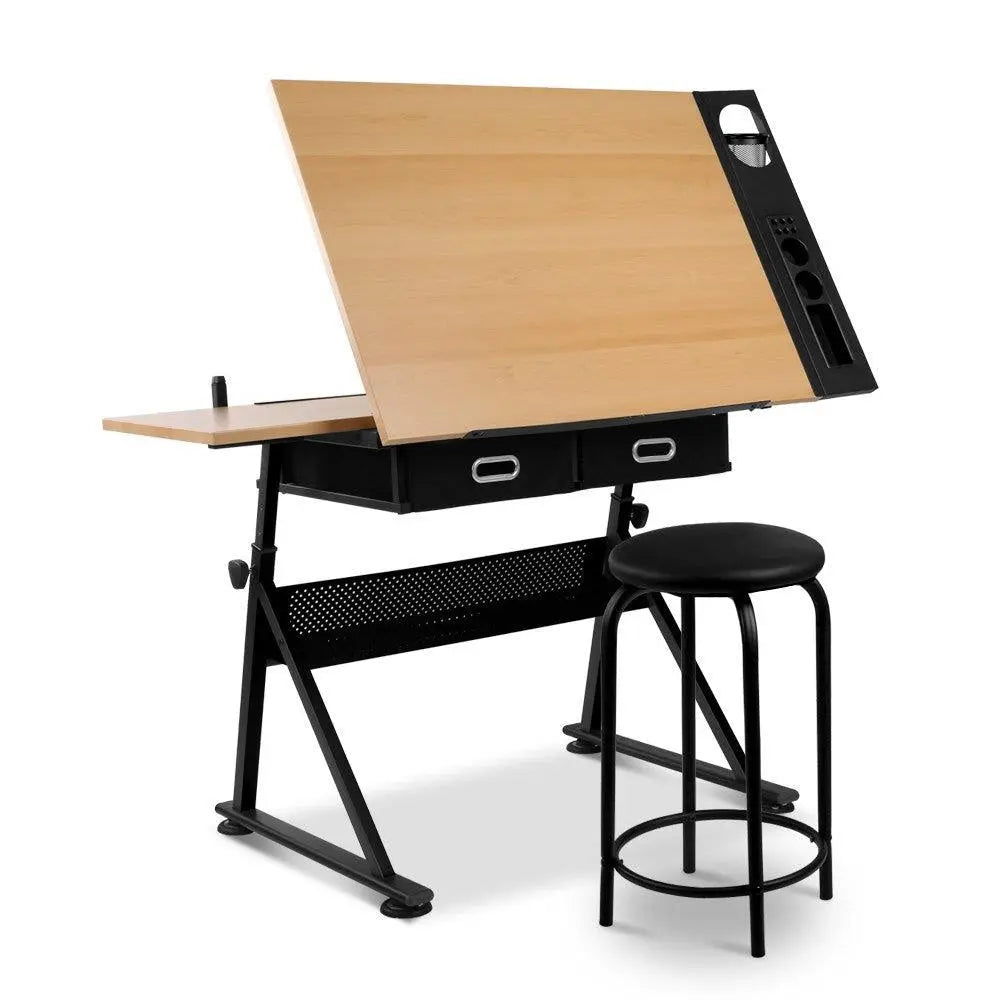 Artiss Tilt Drafting Table Stool Set - Natural & Black Deals499