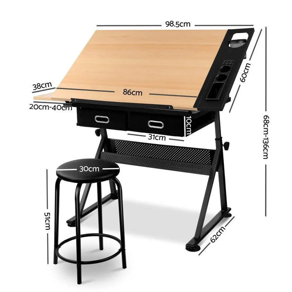 Artiss Tilt Drafting Table Stool Set - Natural & Black Deals499