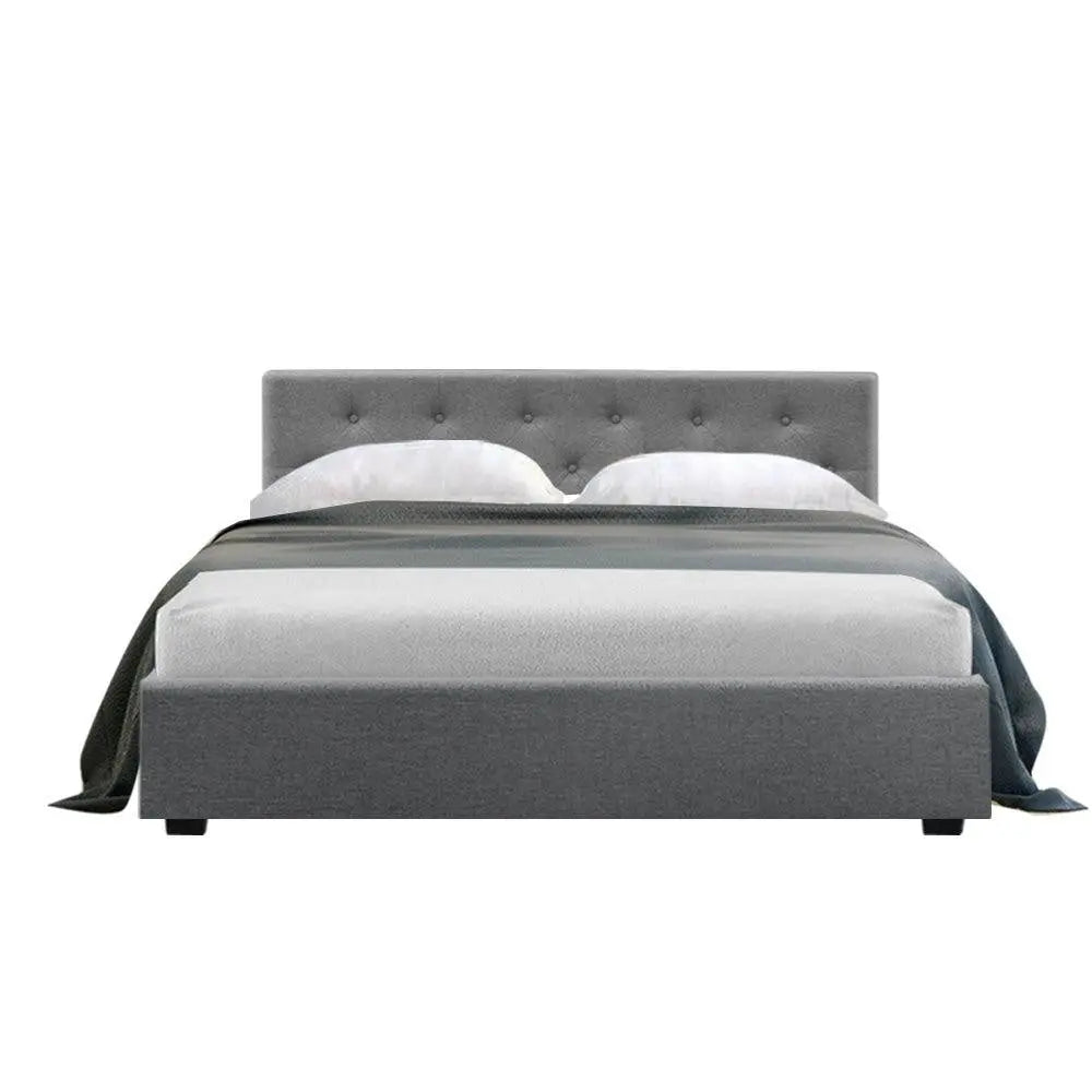 Artiss Vila Bed Frame Fabric Gas Lift Storage - Grey Double Deals499