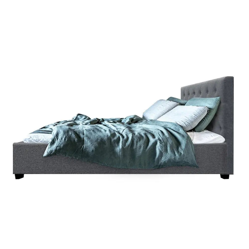 Artiss Vila Bed Frame Fabric Gas Lift Storage - Grey Double Deals499