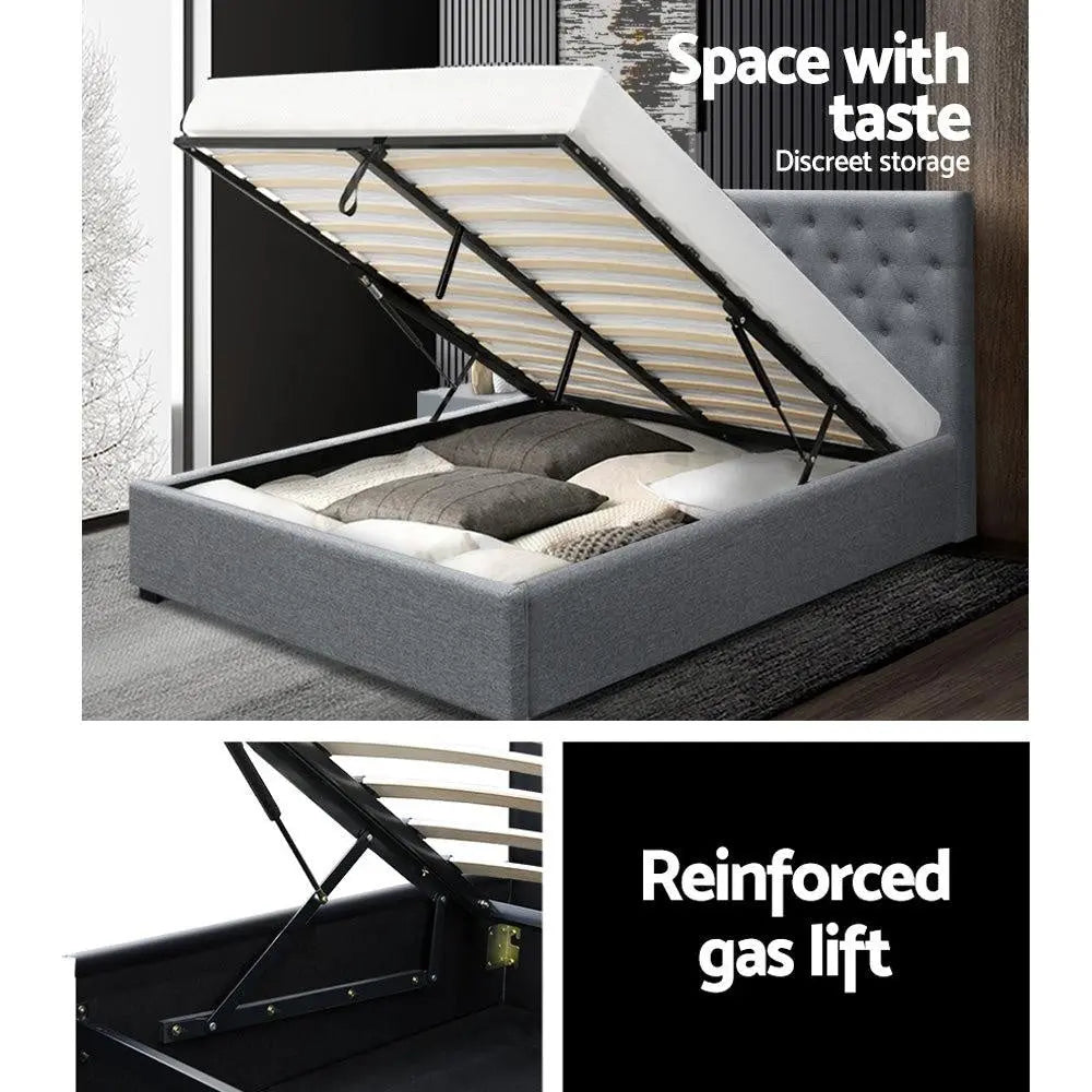 Artiss Vila Bed Frame Fabric Gas Lift Storage - Grey Double Deals499