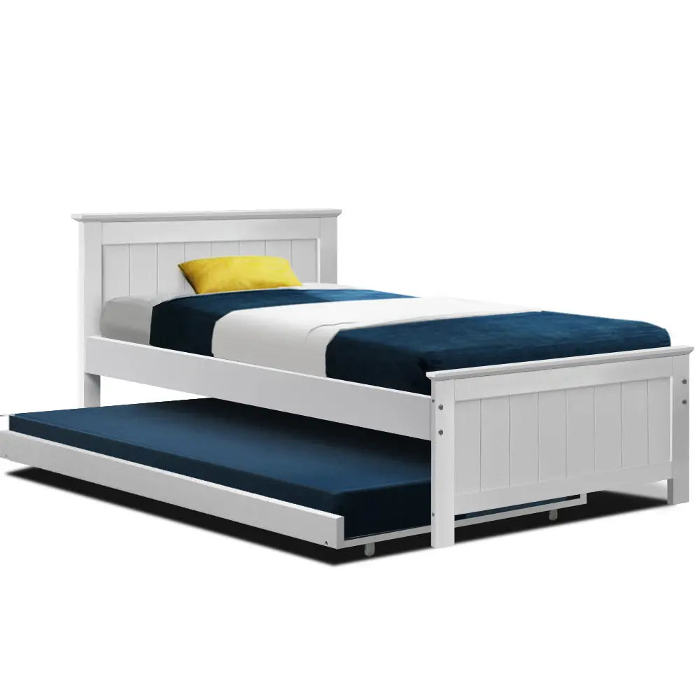 Artiss Wooden Trundle Bed Frame Timber Slat King Single Size White Deals499