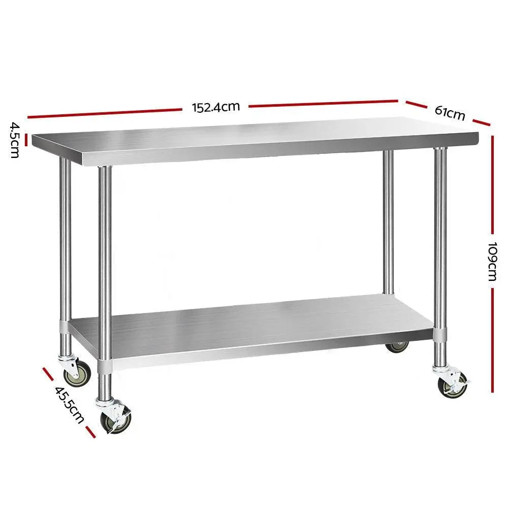 Cefito 430 Stainless Steel Kitchen Benches Work Bench Food Prep Table with Wheels 1524MM x 610MM Deals499