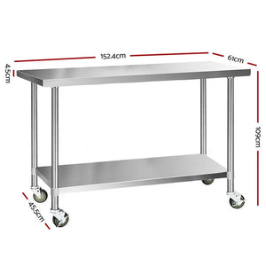 Cefito 430 Stainless Steel Kitchen Benches Work Bench Food Prep Table with Wheels 1524MM x 610MM Deals499