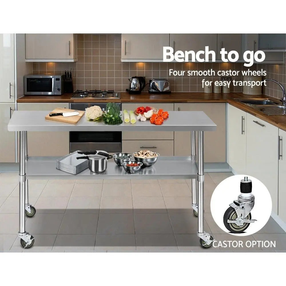 Cefito 430 Stainless Steel Kitchen Benches Work Bench Food Prep Table with Wheels 1524MM x 610MM Deals499
