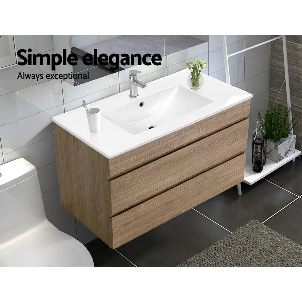 Cefito 900mm Bathroom Vanity Cabinet Wash Basin Unit Sink Storage Wall Mounted Oak White Deals499
