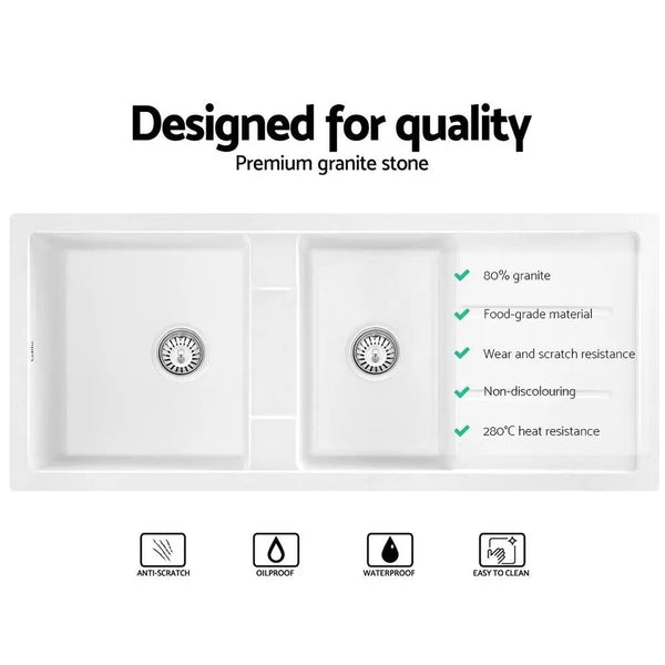 Cefito Stone Kitchen Sink 1160X500MM Granite Under/Topmount Basin Double Bowl White Deals499