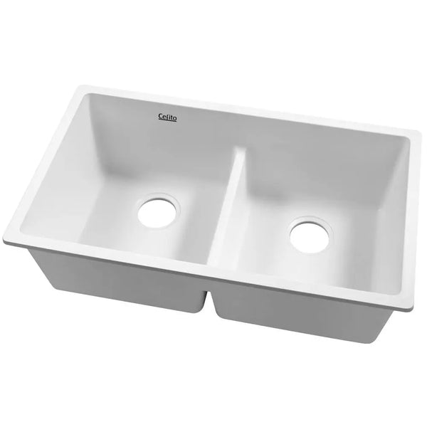 Cefito Stone Kitchen Sink 790X460MM Granite Under/Topmount Basin Double Bowl White Deals499