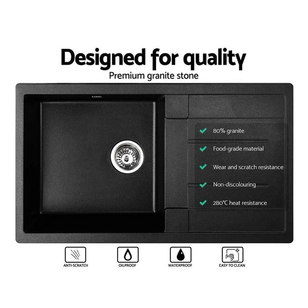 Cefito Stone Kitchen Sink 860X500MM Granite Under/Topmount Basin Bowl Laundry Black Deals499