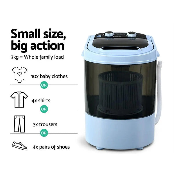 Devanti 3KG Mini Portable Washing Machine Shoes Wash Top Load Spin Camp Caravan Deals499